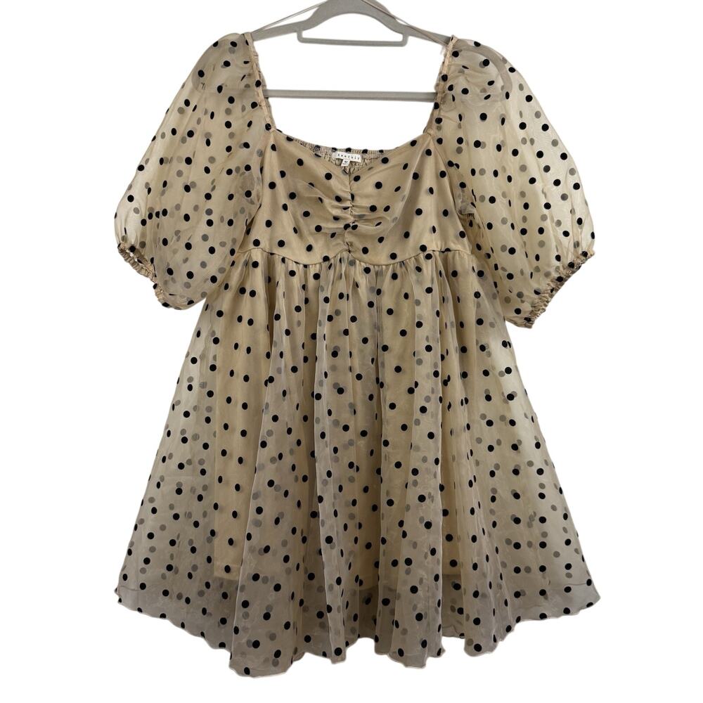 Tan Sheer Mesh Black Velvet Polka Dot Baevely Babydoll Dress Medium Smocked